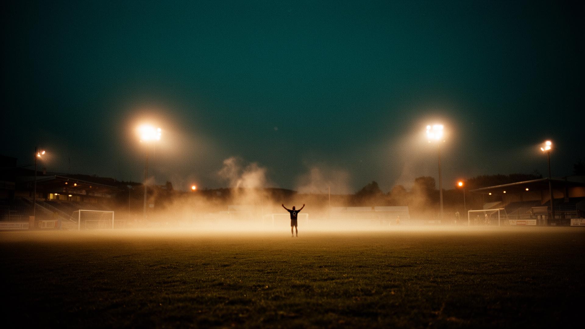 Floodlit grassroots football pitch at dusk